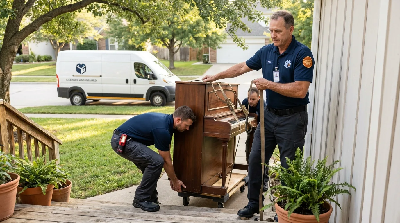Licensed piano movers securing grand piano in Trenton, IL