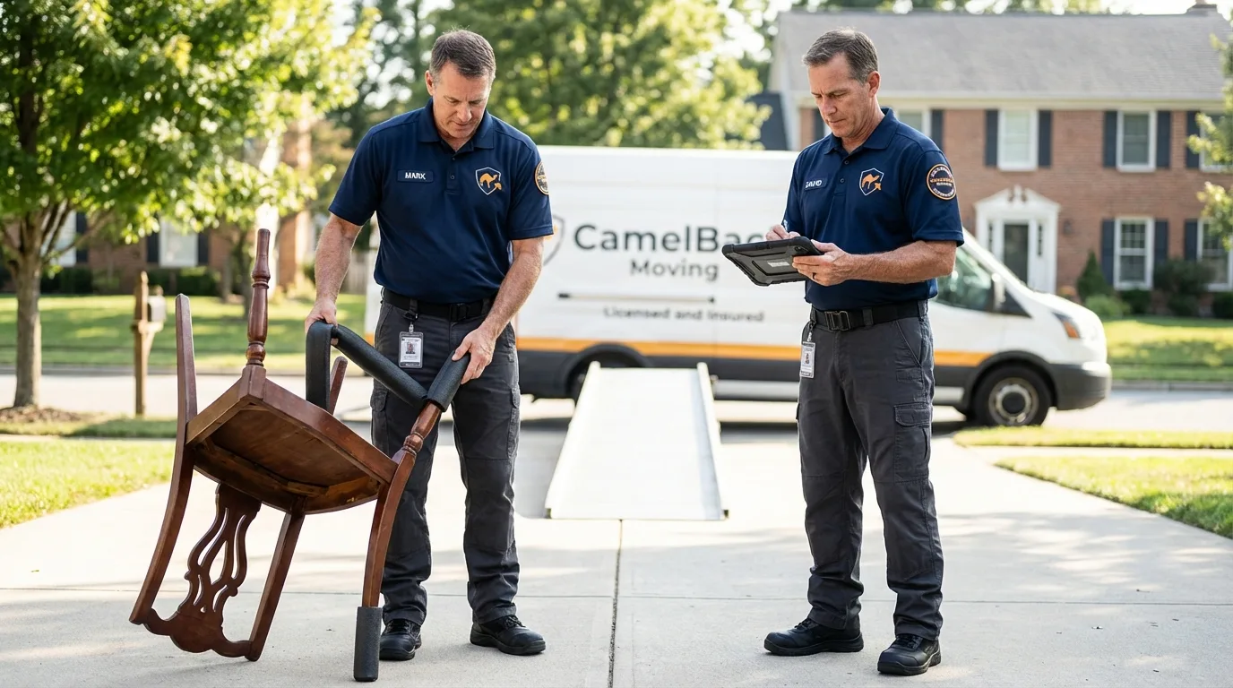 Movers inspecting furniture for damage prevention before loading in Trenton, IL