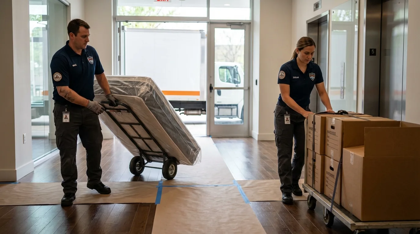 Professional apartment movers loading elevator in Trenton, IL
