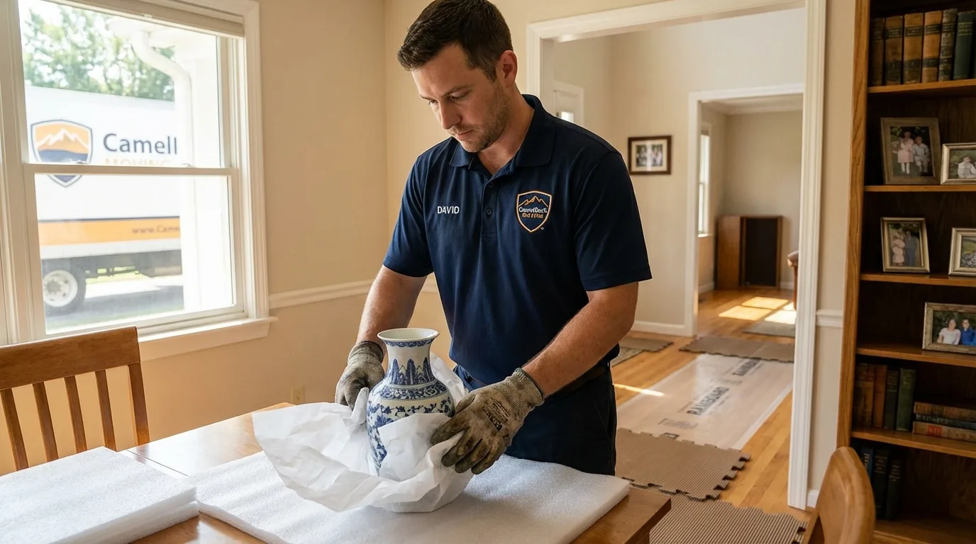 Professional crew carefully wrapping antique vase for senior downsizing move in Trenton, IL