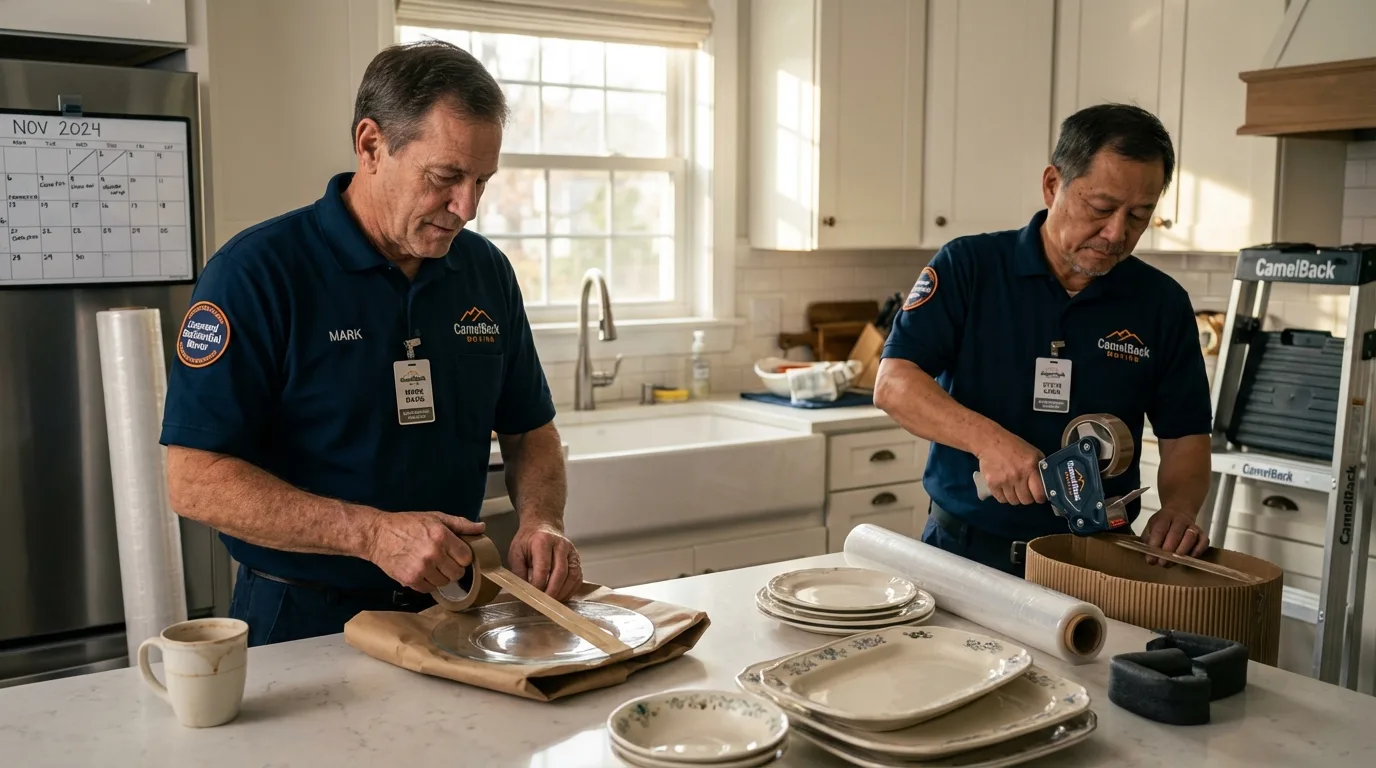 Professional crew packing kitchen dishware in Trenton, IL